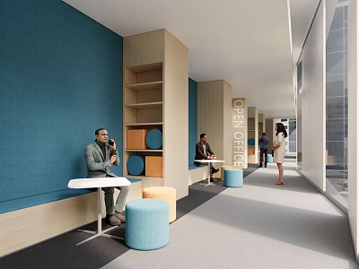 Modern Office Corridor with Blue Walls Wooden Shelves Round Stools and Open Culture Sign 3d model