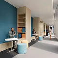 Modern Office Corridor with Blue Walls Wooden Shelves Round Stools and Open Culture Sign