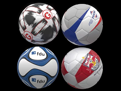 Different Designed Soccer Balls As Sports Equipment With Logos And Colorful Patterns 3d model