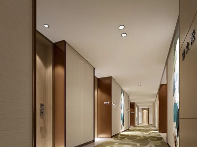 Modern Hotel Corridor With Recessed Ceiling Lights Patterned Carpet And Decorative Paintings 3d model
