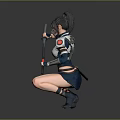 Female Ninja Warrior In Combat Outfit Holding Swords In Crouched Pose