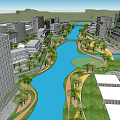 Modern Office Buildings In Urban Area With River And Green Landscape Features