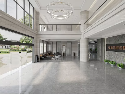 Modern Lobby Reception Desk With Floor-to-ceiling Windows Chandeliers Green Plants Marble Flooring And Sofas 3d model