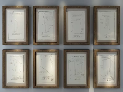 Eight Framed Technical Sketches With Wooden Frames And Detailed Lines 3d model