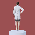 Woman in White Coat and Black Skirt Standing on White Platform with Red Background