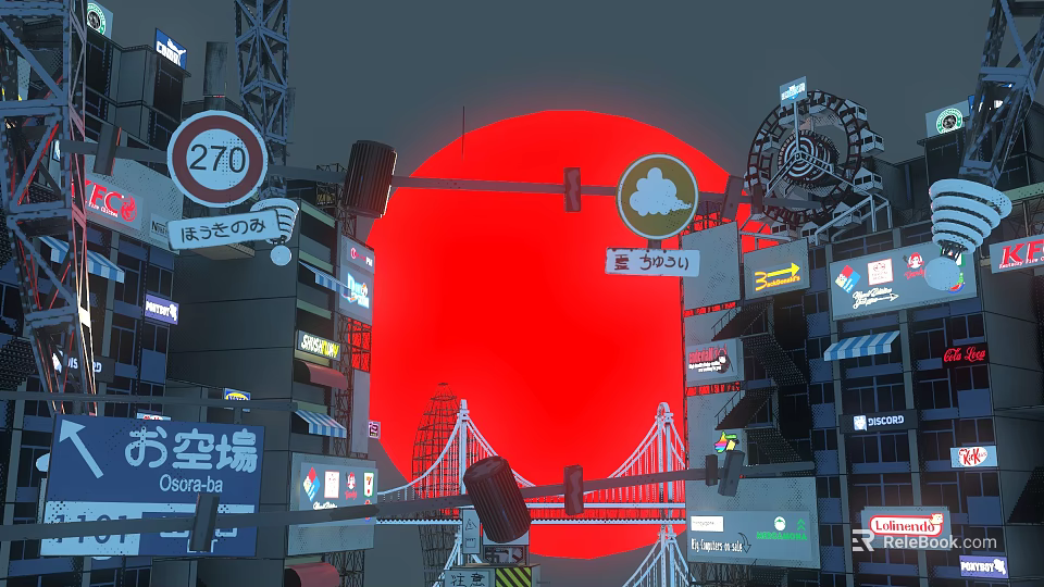 Vibrant Commercial Street with Red Full Moon Neon Signs Tall Buildings Street Signs and Bridge 3d model 