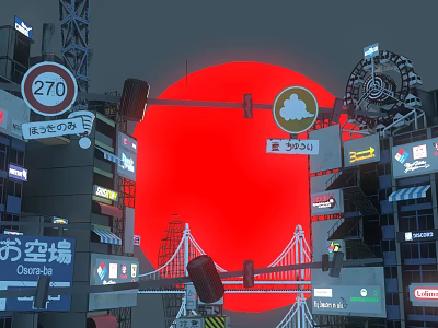 Vibrant Commercial Street with Red Full Moon Neon Signs Tall Buildings Street Signs and Bridge 3d model