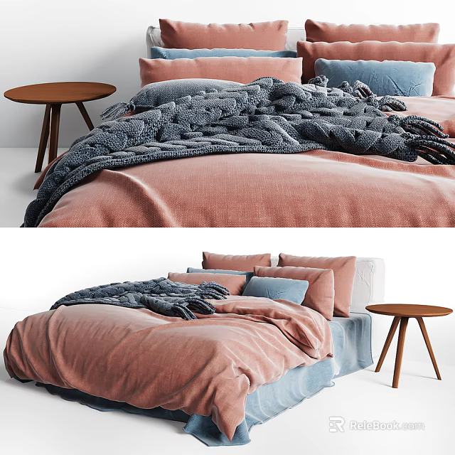 Cozy Modern Double Bed with Pink Bedspread Gray Blanket Pillows and Wooden Side Table 3d model 