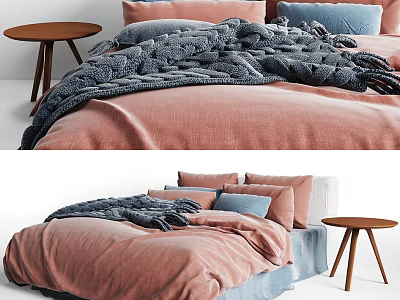 Cozy Modern Double Bed with Pink Bedspread Gray Blanket Pillows and Wooden Side Table 3d model