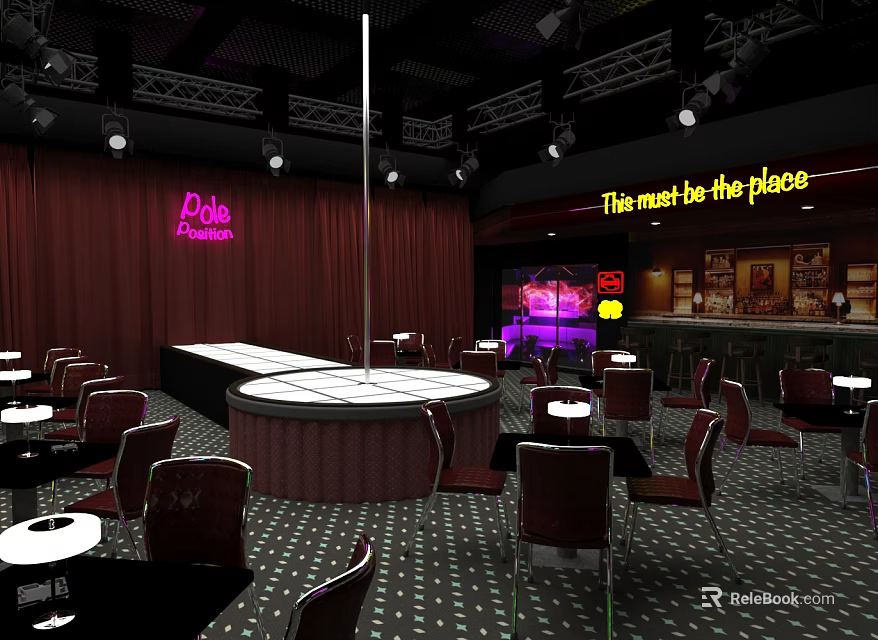 Pink Lounge Bar Interior With Stage Tables Red Curtains And Lighting 3d model 