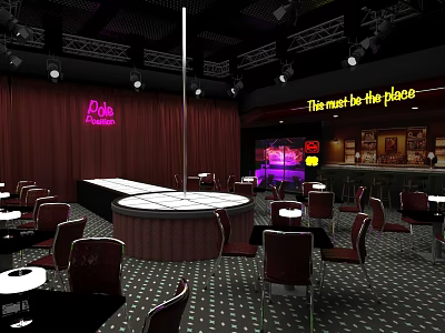Pink Lounge Bar Interior With Stage Tables Red Curtains And Lighting 3d model