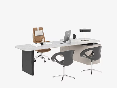Modern Office Desk Setup With Brown Chair Black Chairs Laptop And Table Lamp 3d model