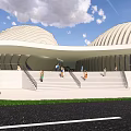 Modern Landmark Building With Unique Curved Roof Near Road Green Area Trees Mountains And Blue Sky