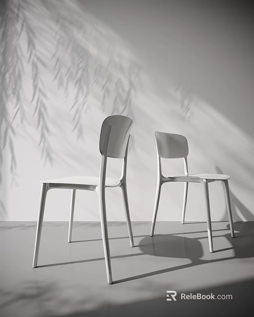 Two White Dining Chairs With Modern Minimalist Design Against White Wall With Light Shadow Effects 3d model 