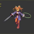 Game Movie Character 3D Model With Red Hair Horns Blue Outfit Orange Pants And Whip