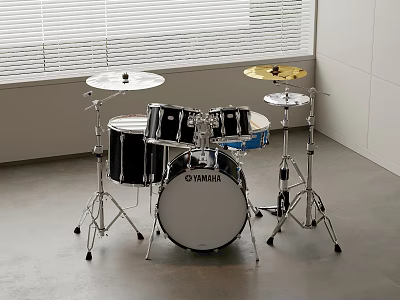 Yamaha Complete Drum Kit Musical Instrument In Modern Room With Blinds Gray Floor White Walls 3d model