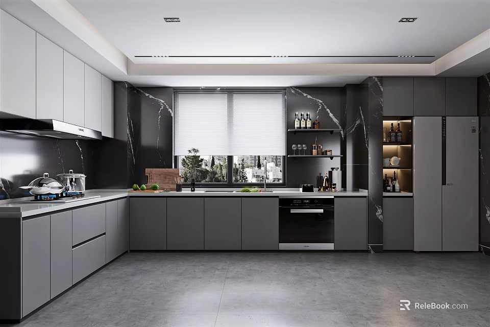 Modern Kitchen Interior Design With Gray Cabinets Black Countertops And Window Blinds 3d model