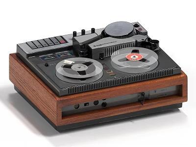 Vintage Classic Tape Recorder With Wooden Base Dual Tape Reels And Control Buttons 3d model