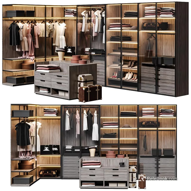 Modern Wooden Closet With Glass Doors Shelves Clothes Shoes And Storage Drawers 3d model 