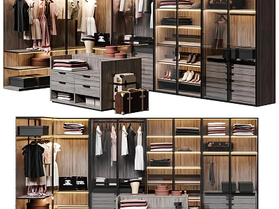 Modern Wooden Closet With Glass Doors Shelves Clothes Shoes And Storage Drawers 3d model