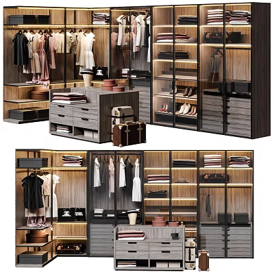 Modern Wooden Closet With Glass Doors Shelves Clothes Shoes And Storage Drawers 3d model