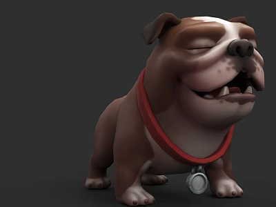 Cute Brown Bulldog with Red Collar Silver Medal Closed Eyes Open Mouth Happy Expression 3d model