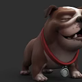 Cute Brown Bulldog with Red Collar Silver Medal Closed Eyes Open Mouth Happy Expression