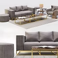 Modern Gray Sofa Coffee Table Set With Gold Frame Ottoman And Marble Top 3d model