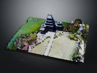 Detailed Traditional Japanese Castle Model With Green Landscape Trees Pathways And Garden 3d model