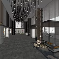 Elegant Lobby Interior With Chandelier Columns Sofa And Glass Windows Car