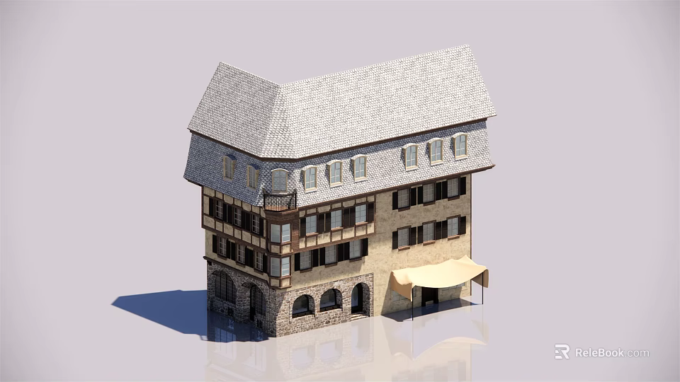 European Style Multi Story Building With Half Timbered Structure And Arched Windows 3d model 