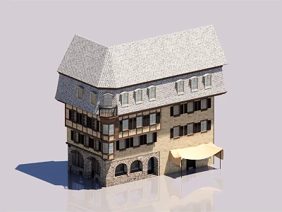 European Style Multi Story Building With Half Timbered Structure And Arched Windows 3d model