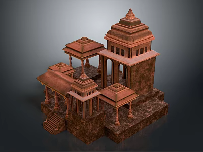 Ancient Indian Temple Architecture With Brown Stone Towers And Carved Pillars 3d model