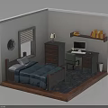 Cozy Bedroom Interior Design With Blue Bedspread Wooden Nightstand Table Lamp Computer Desk And Bookshelf