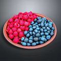 Fresh Red Raspberries and Blue Blueberries in Wooden Bowl on Dark Background