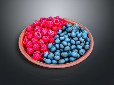 Fresh Red Raspberries and Blue Blueberries in Wooden Bowl on Dark Background 3d model