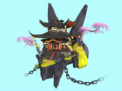 Cartoon Floating Island Scene With Chinese Style Pavilion Rocky Base And Pink Cherry Blossom Trees 3d model