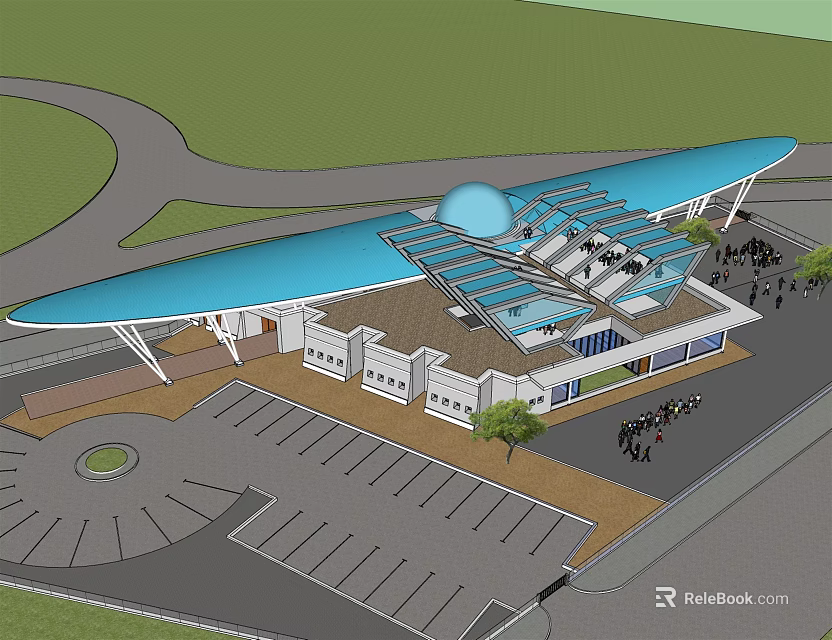 Large Public Building With Blue Roof Glass Structure Circular Paved Area Parking Lot And Trees 3d model 
