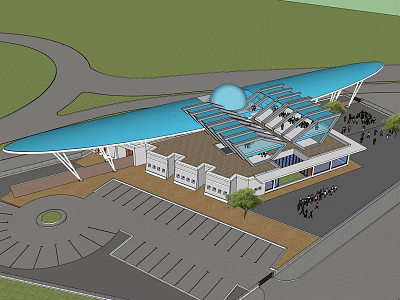 Large Public Building With Blue Roof Glass Structure Circular Paved Area Parking Lot And Trees 3d model