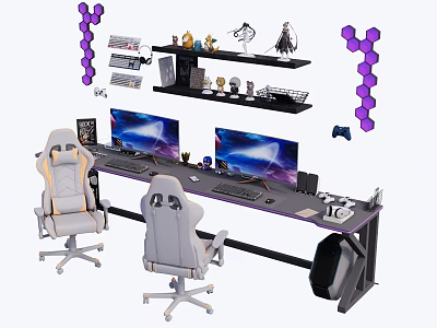 Ergonomic Gaming Desk And Chair Set With Double Monitors Shelves And Purple Lights 3d model