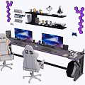 Ergonomic Gaming Desk And Chair Set With Double Monitors Shelves And Purple Lights