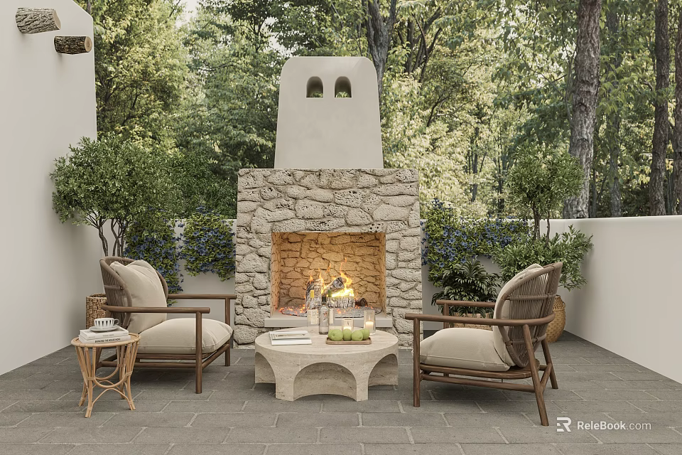 Outdoor Stone Fireplace with Cozy Armchairs Coffee Table and Lush Greenery in Patio with Trees 3d model 