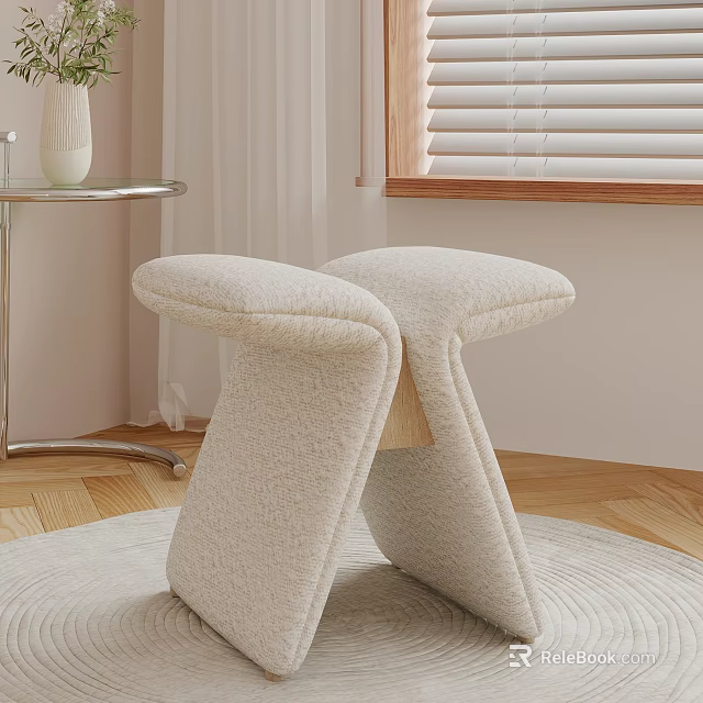 Beige Woven Stools On Wooden Floor With Metal Side Table And White Vase 3d model 