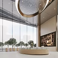 Modern Sales Office Interior With Circular Reception Desk Large Glass Windows And Decorative Ceiling Light