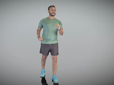 A Man Exercising Wearing Green T-Shirt Gray Shorts And Blue Sneakers On Gray Background 3d model
