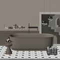Beige Freestanding Bathtub with Beige Cabinets Bottles and Black Pendant Lights on Checkerboard Tile Floor