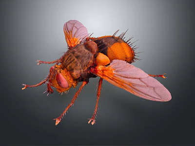 Macro Shot Of Detailed Orange Brown Fly With Transparent Wings Red Compound Eyes 3d model