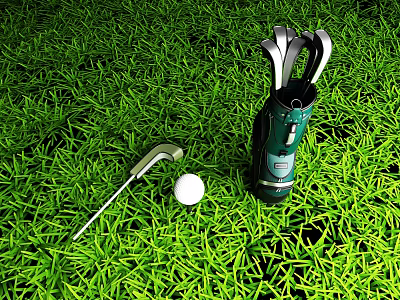 Golf Sports Equipment Including Bag Clubs And Ball On Green Grass Field 3d model