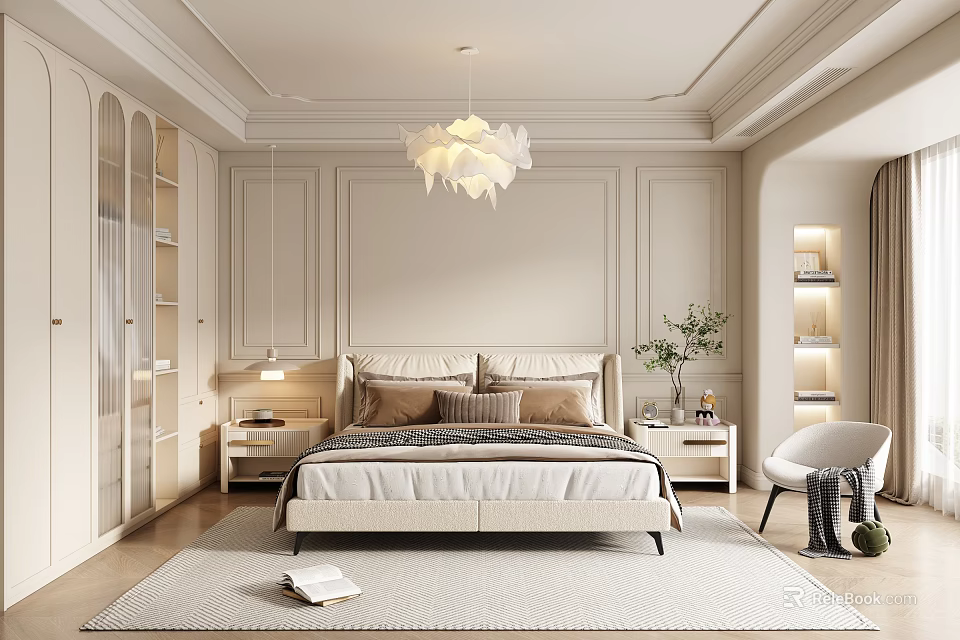 Elegant Modern Bedroom Interior With Beige Paneled Walls Bedhead Bedside Tables Pendant Light And Rug 3d model 