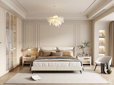 Elegant Modern Bedroom Interior With Beige Paneled Walls Bedhead Bedside Tables Pendant Light And Rug 3d model